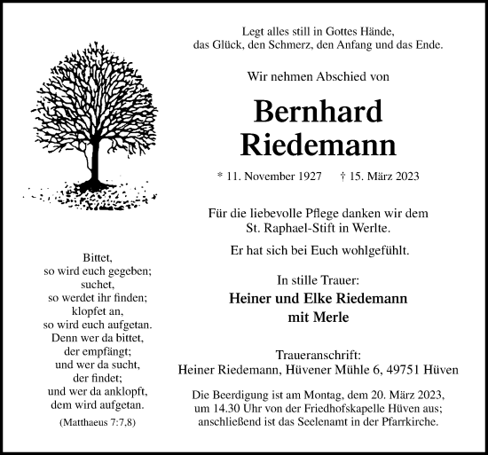 Traueranzeige von Bernhard Riedemann von Neue Osnabrücker Zeitung GmbH & Co. KG