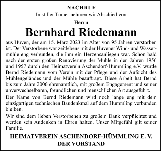 Traueranzeige von Bernhard Riedemann von Neue Osnabrücker Zeitung GmbH & Co. KG