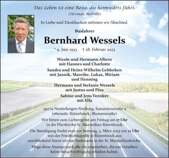 Traueranzeige von Bernhard Wessels von Neue Osnabrücker Zeitung GmbH & Co. KG