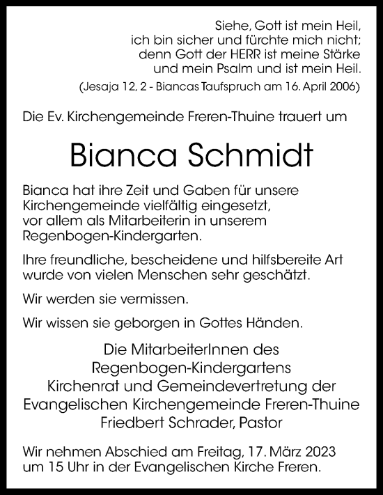 Traueranzeige von Bianca Schmidt von Neue Osnabrücker Zeitung GmbH & Co. KG