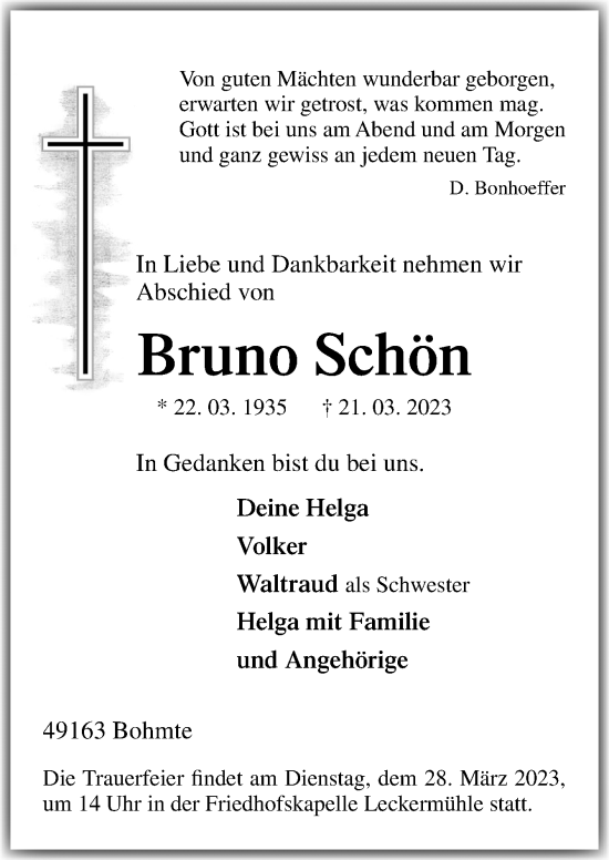 Traueranzeige von Bruno Schön von Neue Osnabrücker Zeitung GmbH & Co. KG