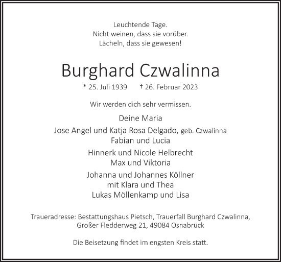 Traueranzeige von Burghard Czwalinna von Neue Osnabrücker Zeitung GmbH & Co. KG