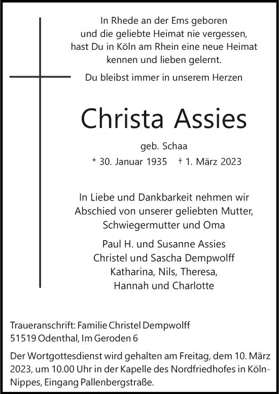 Traueranzeige von Christa Assies von Neue Osnabrücker Zeitung GmbH & Co. KG
