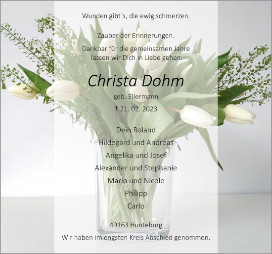Traueranzeige von Christa Dohm von Neue Osnabrücker Zeitung GmbH & Co. KG