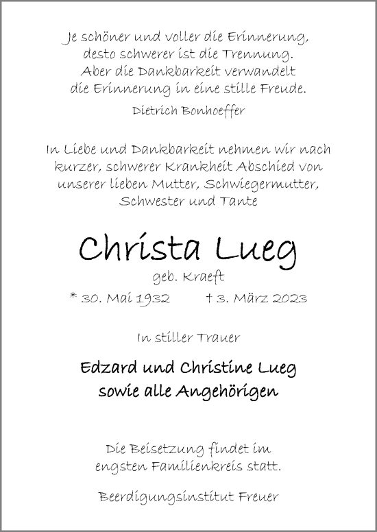 Traueranzeige von Christa Lueg von DK Medien GmbH & Co. KG