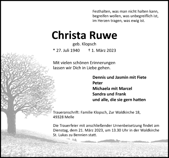 Traueranzeige von Christa Ruwe von Neue Osnabrücker Zeitung GmbH & Co. KG