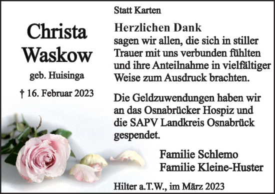 Traueranzeige von Christa Waskow von Neue Osnabrücker Zeitung GmbH & Co. KG