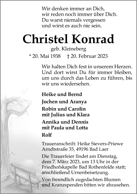 Traueranzeige von Christel Konrad von Neue Osnabrücker Zeitung GmbH & Co. KG