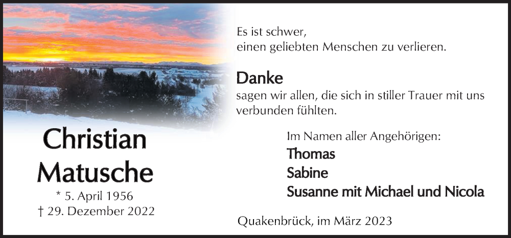  Traueranzeige für Christian Matusche vom 03.03.2023 aus Neue Osnabrücker Zeitung GmbH & Co. KG
