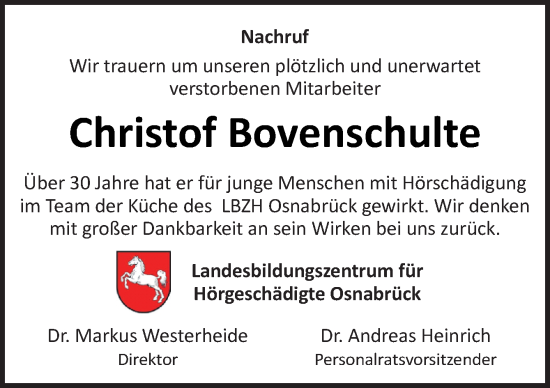 Traueranzeige von Christof Bovenschulte von Neue Osnabrücker Zeitung GmbH & Co. KG