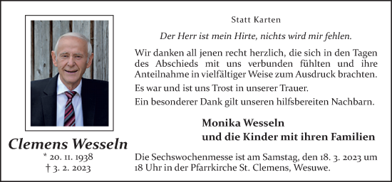 Traueranzeige von Clemens Wesseln von Neue Osnabrücker Zeitung GmbH & Co. KG