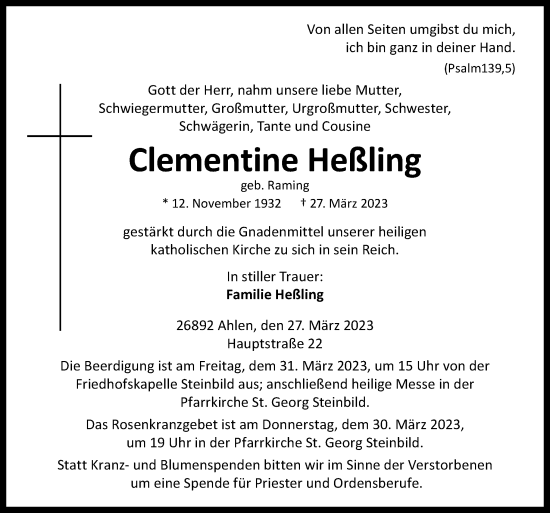 Traueranzeige von Clementine Heßling von Neue Osnabrücker Zeitung GmbH & Co. KG