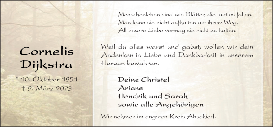 Traueranzeige von Cornelis Dijkstra von Neue Osnabrücker Zeitung GmbH & Co. KG