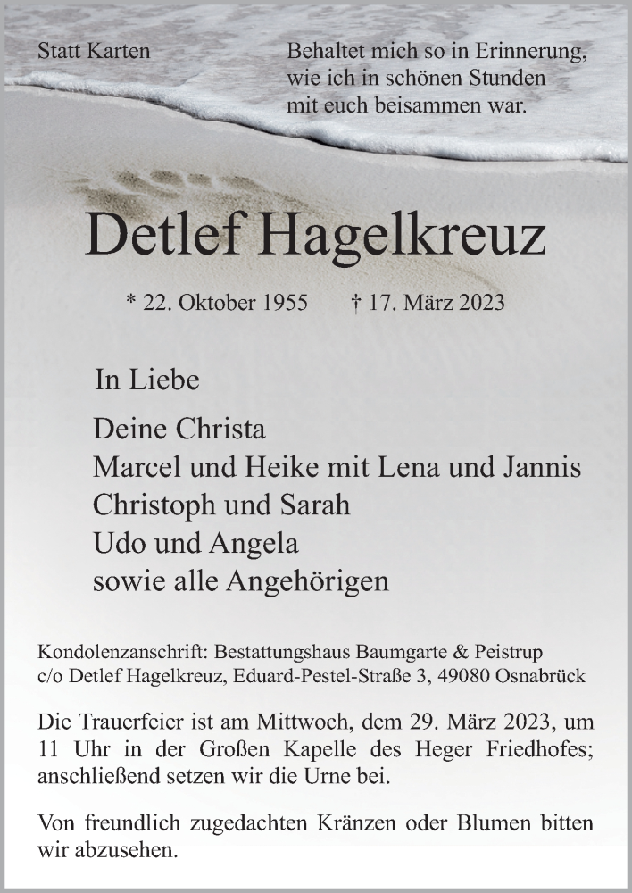  Traueranzeige für Detlef Hagelkreuz vom 25.03.2023 aus Neue Osnabrücker Zeitung GmbH & Co. KG