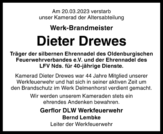 Traueranzeige von Dieter Drewes von DK Medien GmbH & Co. KG