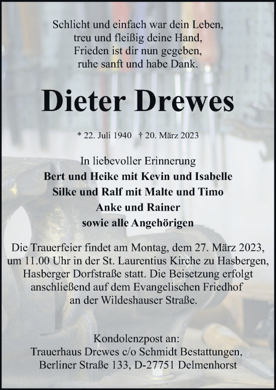 Traueranzeige von Dieter Drewes von DK Medien GmbH & Co. KG