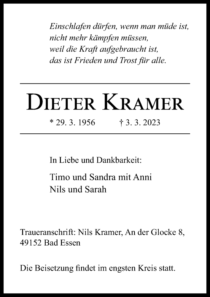  Traueranzeige für Dieter Kramer vom 08.03.2023 aus Neue Osnabrücker Zeitung GmbH & Co. KG