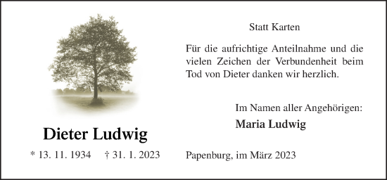 Traueranzeige von Dieter Ludwig von Neue Osnabrücker Zeitung GmbH & Co. KG