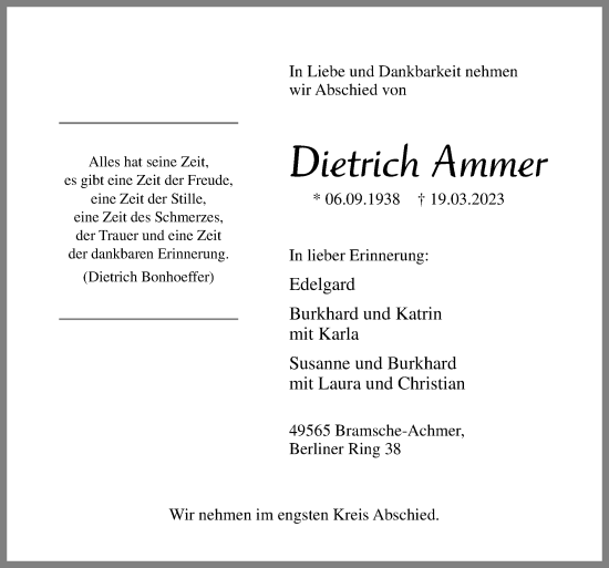 Traueranzeige von Dietrich Ammer von Neue Osnabrücker Zeitung GmbH & Co. KG