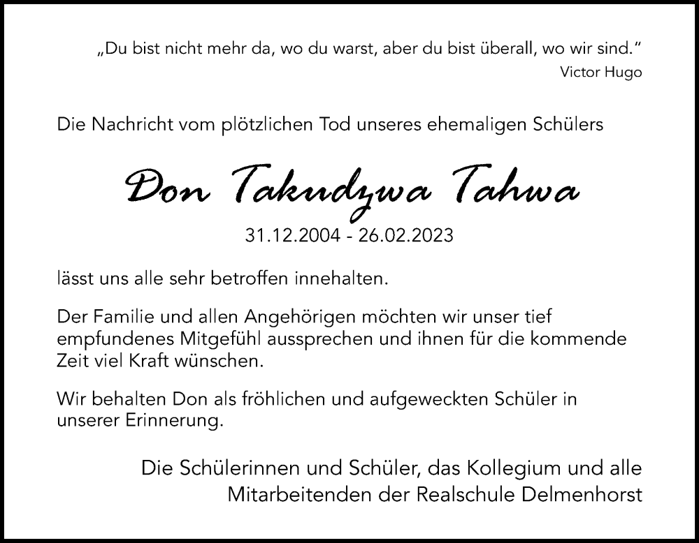  Traueranzeige für Don Takudzwa Tahwa vom 08.03.2023 aus DK Medien GmbH & Co. KG