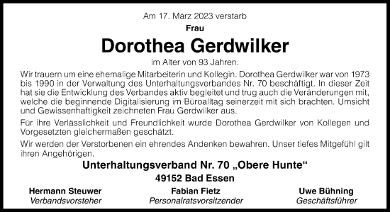 Traueranzeige von Dorothea Gerdwilker von Neue Osnabrücker Zeitung GmbH & Co. KG
