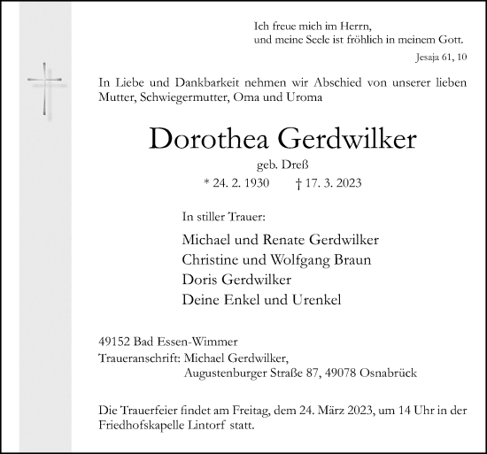 Traueranzeige von Dorothea Gerdwilker von Neue Osnabrücker Zeitung GmbH & Co. KG