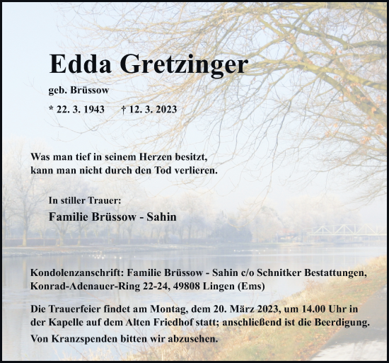Traueranzeige von Edda Gretzinger von Neue Osnabrücker Zeitung GmbH & Co. KG