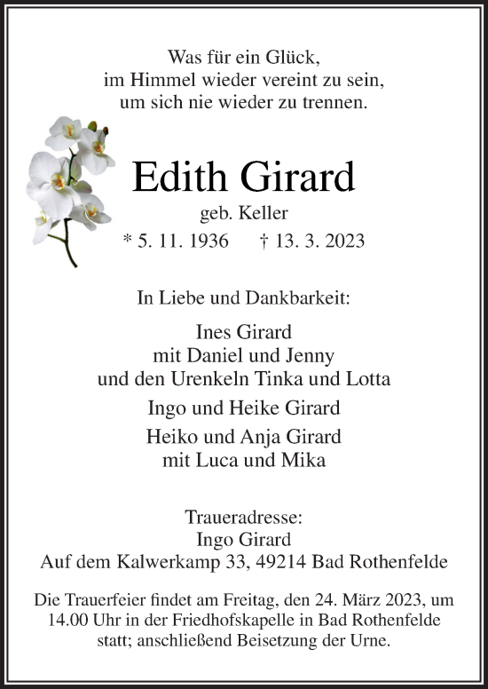 Traueranzeige von Edith Girard von Neue Osnabrücker Zeitung GmbH & Co. KG