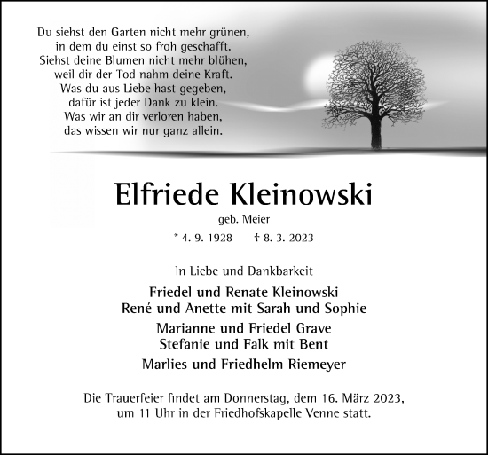 Traueranzeige von Elfriede Kleinowski von Neue Osnabrücker Zeitung GmbH & Co. KG