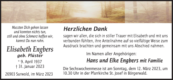 Traueranzeige von Elisabeth Engbers von Neue Osnabrücker Zeitung GmbH & Co. KG