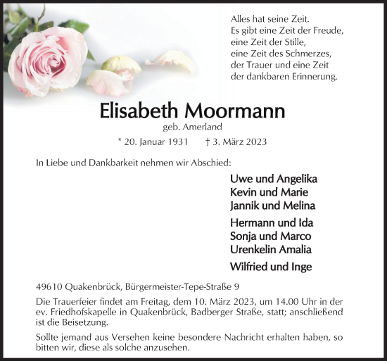 Traueranzeige von Elisabeth Moormann von Neue Osnabrücker Zeitung GmbH & Co. KG