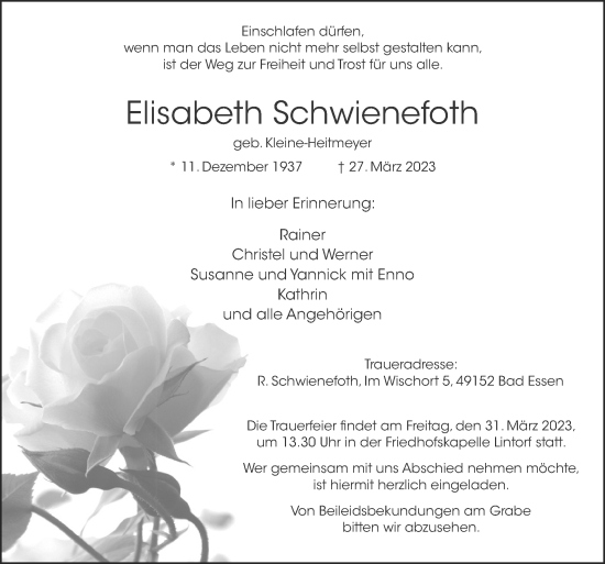 Traueranzeige von Elisabeth Schwienefoth von Neue Osnabrücker Zeitung GmbH & Co. KG