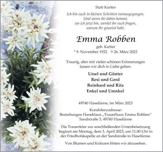 Traueranzeige von Emma Robben von Neue Osnabrücker Zeitung GmbH & Co. KG