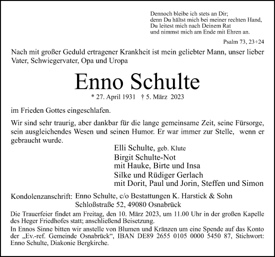 Traueranzeige von Enno Schulte von Neue Osnabrücker Zeitung GmbH & Co. KG
