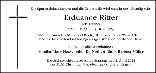 Traueranzeige von Erduanne Ritter von Neue Osnabrücker Zeitung GmbH & Co. KG