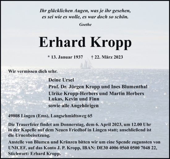 Traueranzeige von Erhard Kropp von Neue Osnabrücker Zeitung GmbH & Co. KG
