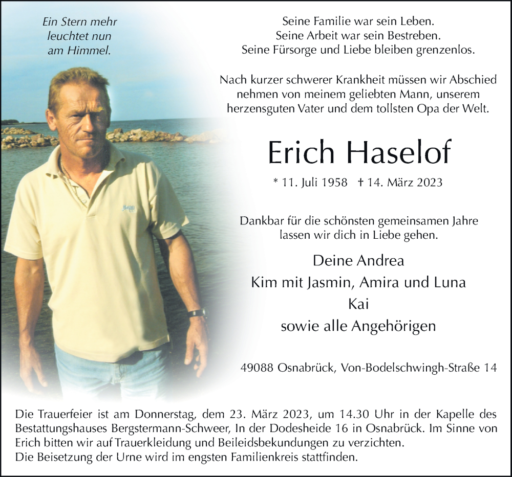  Traueranzeige für Erich Haselof vom 18.03.2023 aus Neue Osnabrücker Zeitung GmbH & Co. KG