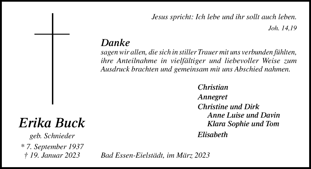  Traueranzeige für Erika Buck vom 11.03.2023 aus Neue Osnabrücker Zeitung GmbH & Co. KG