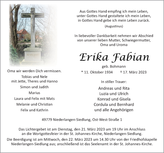 Traueranzeige von Erika Fabian von Neue Osnabrücker Zeitung GmbH & Co. KG