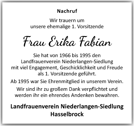 Traueranzeige von Erika Fabian von Neue Osnabrücker Zeitung GmbH & Co. KG