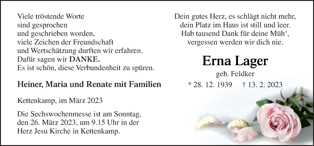  Traueranzeige für Erna Lager vom 25.03.2023 aus Neue Osnabrücker Zeitung GmbH & Co. KG