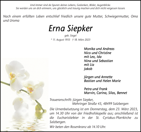 Traueranzeige von Erna Siepker von Neue Osnabrücker Zeitung GmbH & Co. KG