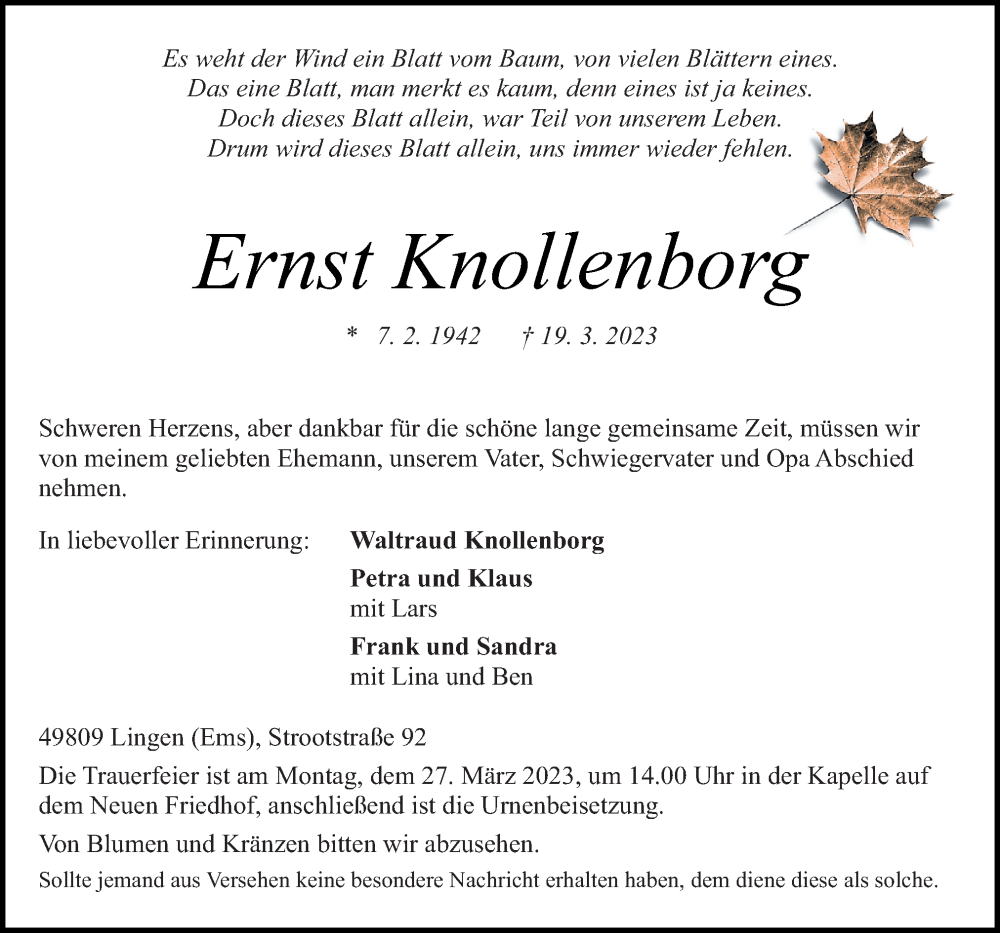  Traueranzeige für Ernst Knollenborg vom 23.03.2023 aus Neue Osnabrücker Zeitung GmbH & Co. KG