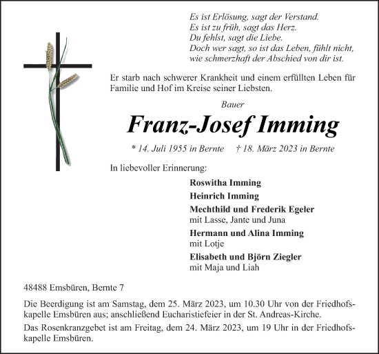 Traueranzeige von Franz-Josef Imming von Neue Osnabrücker Zeitung GmbH & Co. KG