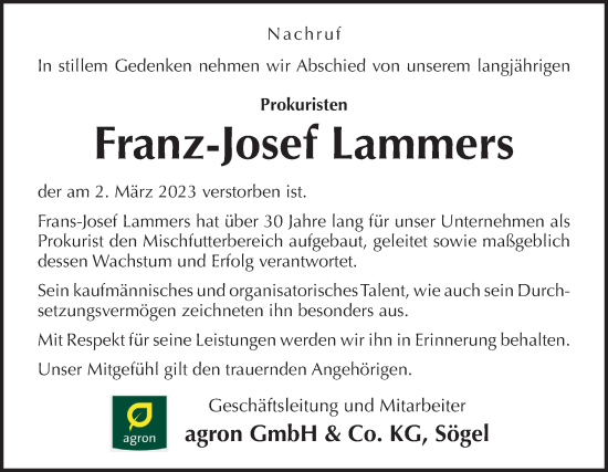 Traueranzeige von Franz-Josef Lammers von Neue Osnabrücker Zeitung GmbH & Co. KG