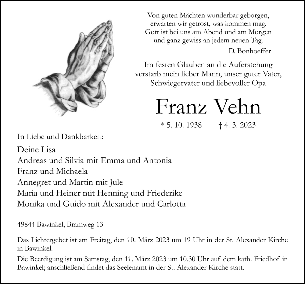  Traueranzeige für Franz Vehn vom 08.03.2023 aus Neue Osnabrücker Zeitung GmbH & Co. KG