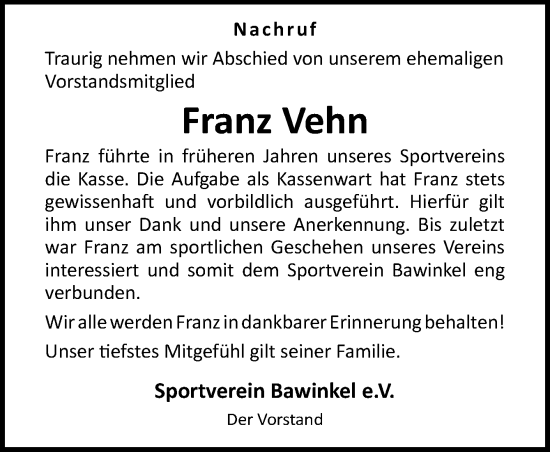 Traueranzeige von Franz Vehn von Neue Osnabrücker Zeitung GmbH & Co. KG