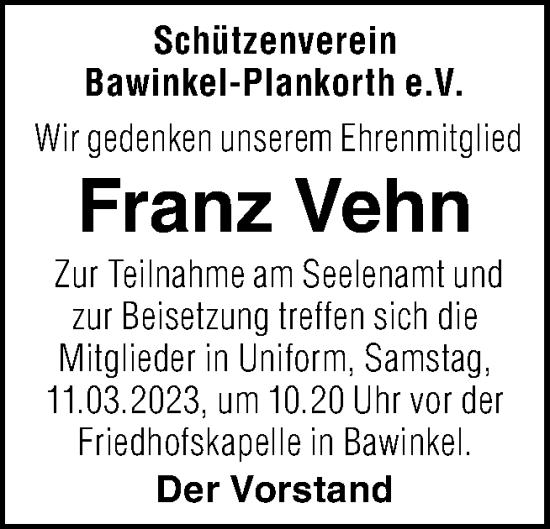 Traueranzeige von Franz Vehn von Neue Osnabrücker Zeitung GmbH & Co. KG