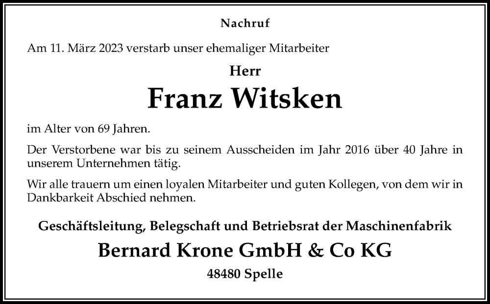  Traueranzeige für Franz Witsken vom 16.03.2023 aus Neue Osnabrücker Zeitung GmbH & Co. KG