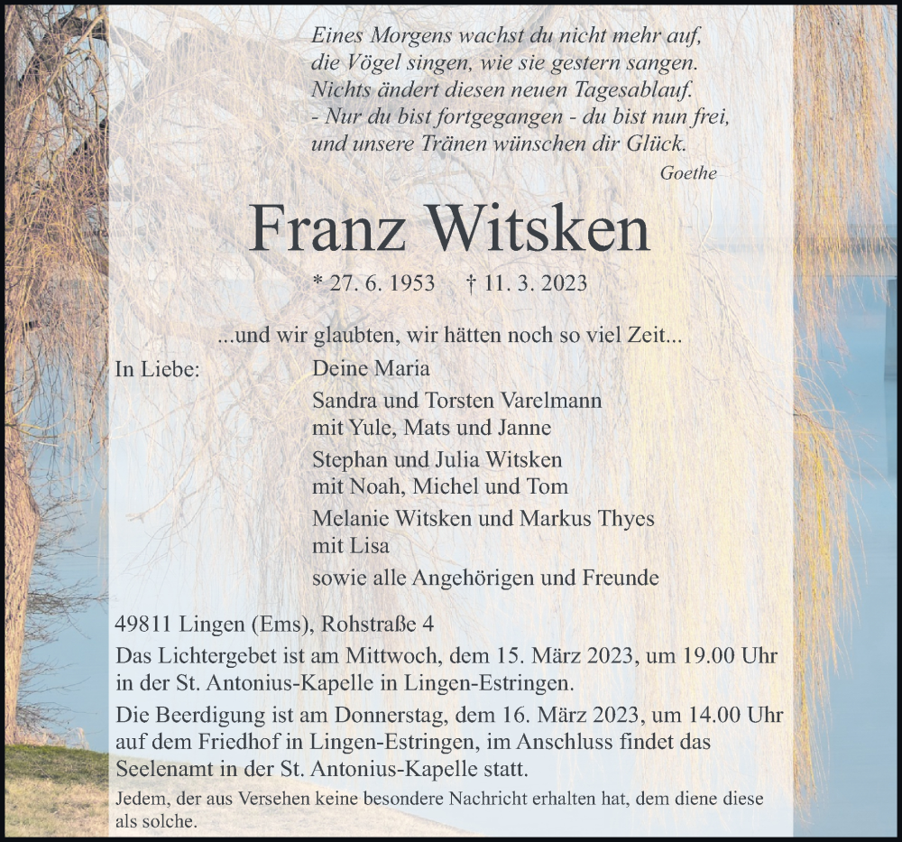  Traueranzeige für Franz Witsken vom 15.03.2023 aus Neue Osnabrücker Zeitung GmbH & Co. KG